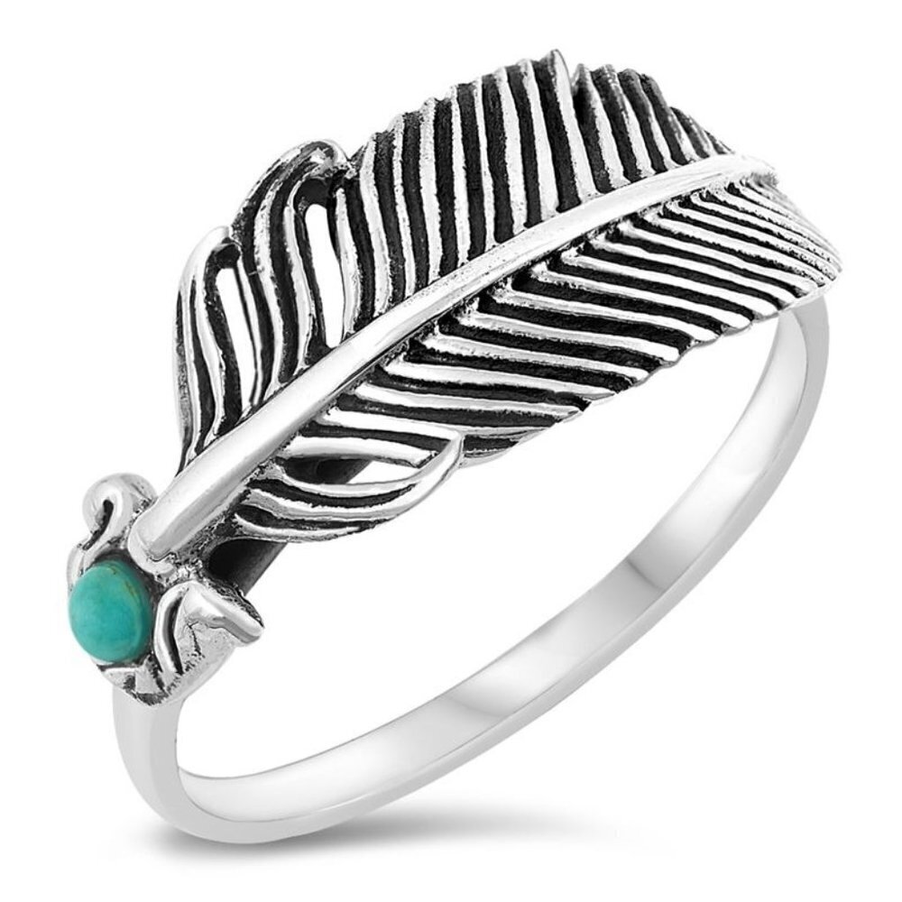 Sterling Silver 925 Dainty Round Turquoise Cabochon Feather Band Ring Size 7.5
